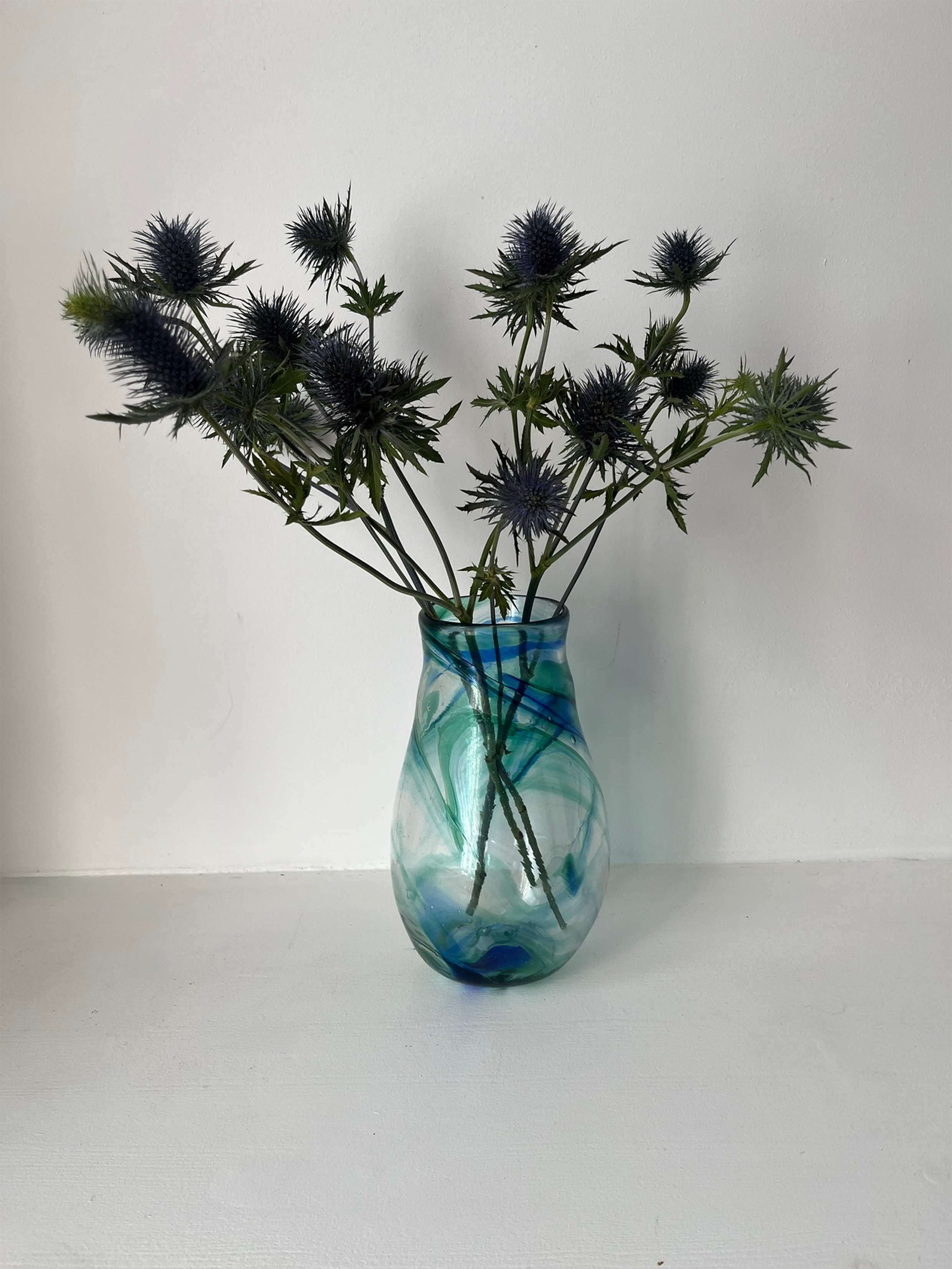 Hand-Blown Blue and Green Swirl Glass Vase