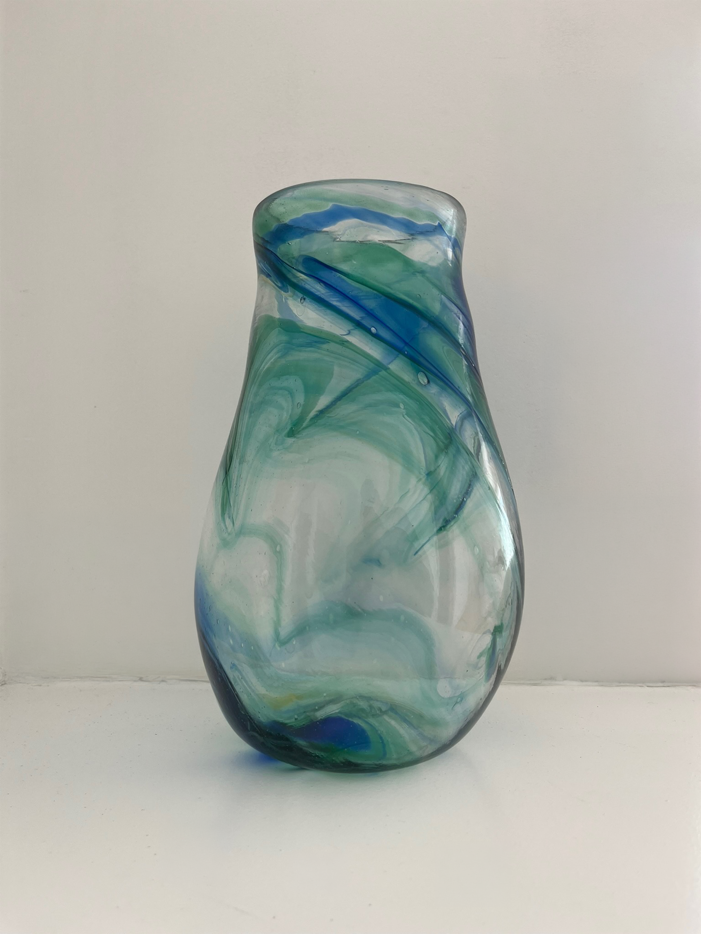 Hand-Blown Blue and Green Swirl Glass Vase