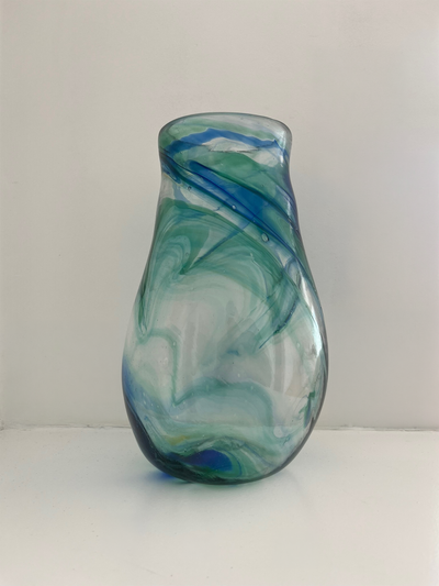 Hand-Blown Blue and Green Swirl Glass Vase