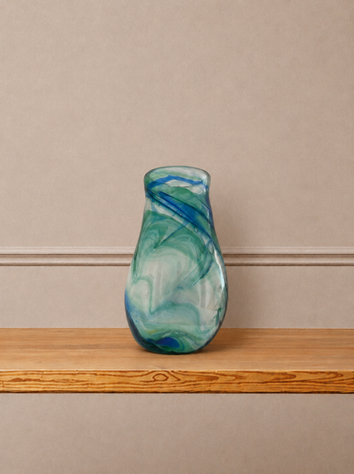 Hand-Blown Blue and Green Swirl Glass Vase