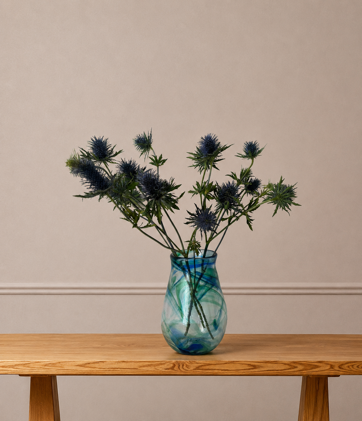 Hand-Blown Blue and Green Swirl Glass Vase