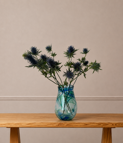 Hand-Blown Blue and Green Swirl Glass Vase